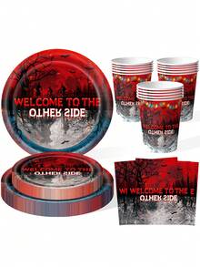 10件/20件生日派对装饰套装 - 欢迎光临，红黑纸盘、纸杯、餐巾纸，恐怖森林惊悚主题派对装饰，生日派对用品及礼物 - 彩色 - 查看 1