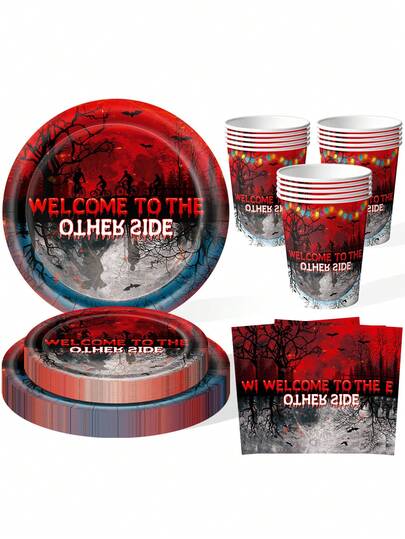 10pcs/20pcs Stranger Birthday Party Decorations Welcome To The Other Side Paper Plates Cups Napkins Red And Black Paper Plates Spooky Forest Horror Party Decorations Horror Forest Dinner Plates And Napkins For Welcome To Other Side Birthday Party Supplies Favors