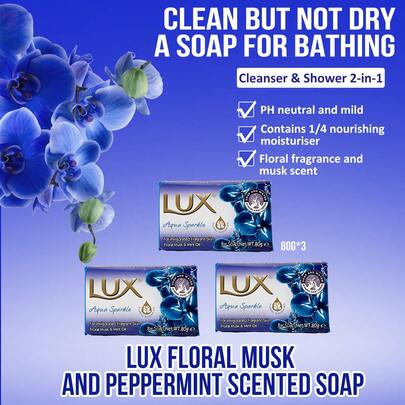 Lux 3块/套，每块80克。奢华花香、麝香和薄荷香皂。每块80克。保湿、清洁、抗菌。花香、麝香和薄荷香氛。清新不干燥，持久留香，深层清洁毛孔，有效杀菌，温和净化肌肤，带来奢华香氛体验，平衡肌肤pH值。独立包装。泡沫细腻丰富。令肌肤柔软水润。男女皆宜。家庭装。