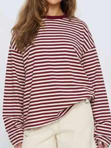 Women's Red & White Striped Round Neck Long T-Shirt, Loose Lightweight Long Tee, Suitable For Spring & Autumn, Soft Knit Fabric, Casual Street Style All-Match Minimalist Fashion, Versatile Streetwear Outfit, Striped All-Match Styling - Red - View 1