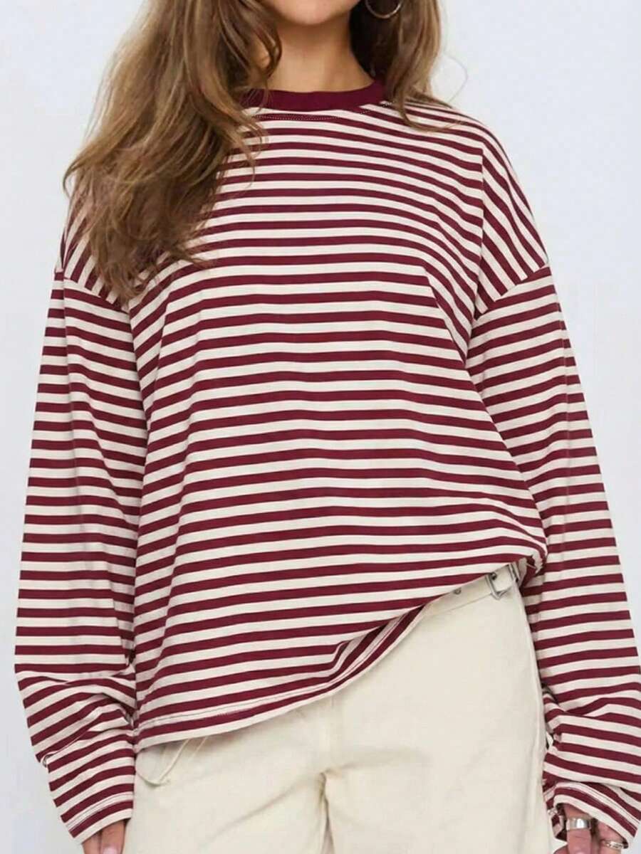 Women's Red & White Striped Round Neck Long T-Shirt, Loose Lightweight Long Tee, Suitable For Spring & Autumn, Soft Knit Fabric, Casual Street Style All-Match Minimalist Fashion, Versatile Streetwear Outfit, Striped All-Match Styling - Red - View 1