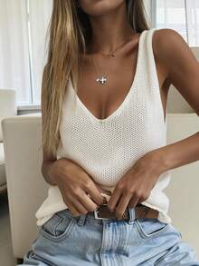 Áo dệt kim không tay cổ chữ V khoét rỗng xuyên thấu dành cho nữ | Áo hai dây dáng rộng | Thanh lịch, đa năng, phù hợp cho năm mới đến hè, thoáng khí, thích hợp cho tiệc tùng và mặc hàng ngày. - màu trắng ngà - Xem 4