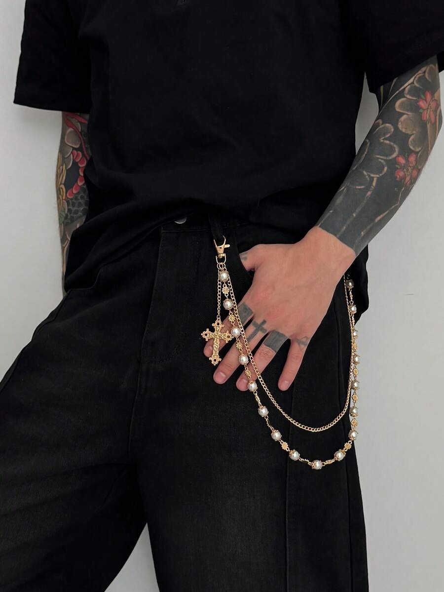 1件复古仿珍珠花朵十字双层吊坠饰品，哥特朋克优雅、休闲简约、街头风、摇滚嘻哈、派对、日常百搭项链礼物 - 褲鏈 - 查看 1