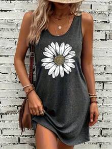 Daisy Pattern Printed Sleeveless Dress, Spring Summer Casual Vest Dress, Fashion Women Clothing 2IXM - 深灰色 - 查看 7