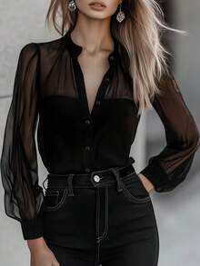 Women's Fashionable Elegant Commuter Shirt, Stand Collar Long Sleeve Shirt, Solid Color Woven Fabric Front Button Closure, Retro Airport, Daily Office Date, Spring/Summer/Autumn Black - Black - View 4
