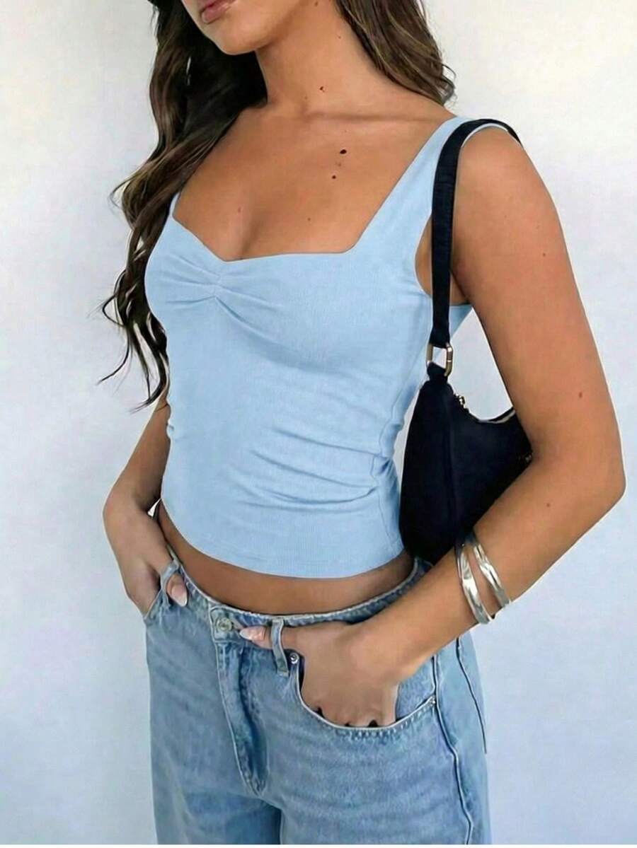 Women's Basic Suplex Cropped Blouse, Fitted And Comfortable, Casual Or Stylish Look, Simple And Elegant, Wrinkled Knitted Fabric - 淺藍色 - 查看 1