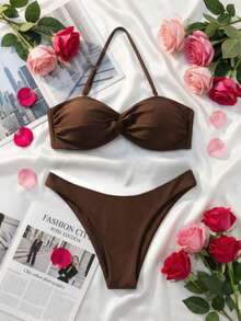 女士时尚抹胸扭结比基尼，高衩丁字裤，露背泳衣，度假海滩夏季 - 咖啡棕 - 查看 7