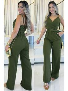 Women's Tailored Long Jumpsuit With Wide-Leg Pants And Belt - 軍綠色 - 查看 2
