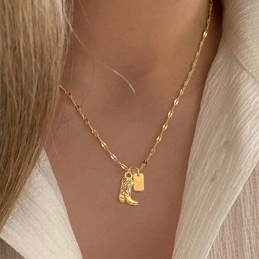 1 pieza Nuevo colgante de bota de vaquero occidental rectangular dorado de acero inoxidable con cadena de labios para mujeres - Amarillo Oro - Ver 1