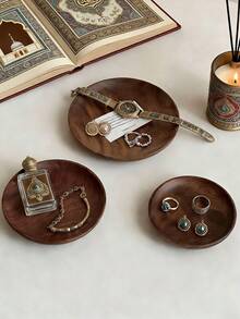 5.91in/4.72in/3.93inch 木製托盤，香氛裝飾鑰匙收納托盤，玄關收納托盤，木製燭台，廚房檯面裝飾小木架木底座，圓形木製托盤裝飾展示托盤展示架玄關桌農舍風廚房桌面中心裝飾 (圓形) - 彩色 - 查看 2