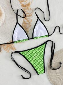 Bộ bikini hai mảnh mới dành cho nữ, đồ bơi lưới phối màu tương phản, kiểu cổ yếm, hở lưng, thích hợp cho kỳ nghỉ hè ở bãi biển. - Màu xanh chanh - Xem 4