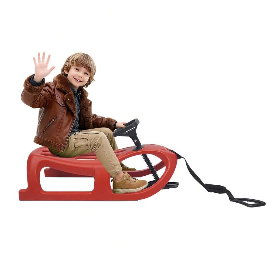 LYNICESHOP Snow Sled For Kids,SnowRush Sledge,Single Rider Racer Toboggan With Pull Rope And Steering Wheel, 220 Lbs Capacity Outdoor Plastic Winter Sleigh For Toddlers & Kids. Holiday Gift (US Stock) Faster Delivery - Red - View 1