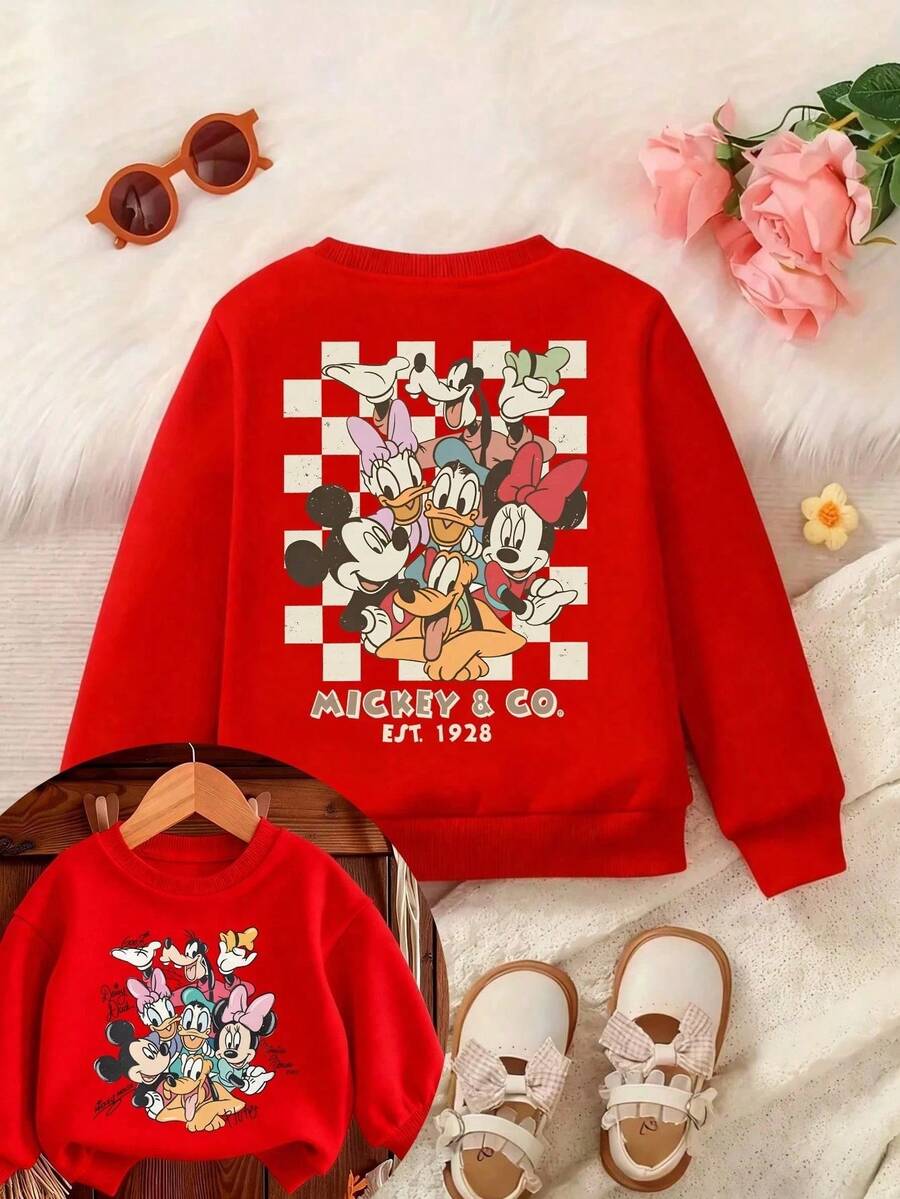 Disney Girls' Mickey Mouse And Friends Alphabet Print Double-Sided Hoodie Fall/Winter Kids' Crewneck Hoodie The Perfect Long-Sleeve Top For Girls' Everyday Play, Ideal For School Or Shopping Outings. - 紅色 - 查看 1