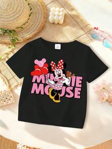 Minnie Mouse Holding Balloons The Floral Pattern Disney Summer Girls Round Neck Short Sleeved Baby Tops Are Suitable For Daily Wear Comfortable And Breathable And Fashionable And Versatile They Are The Perfect Gift For Children - màu đen - Xem 2