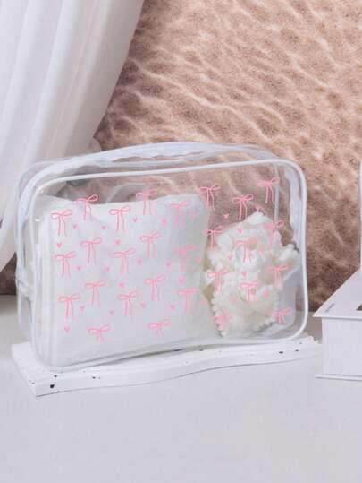 New Bow Pvc Storage Bag,Cosmetic Bag,With Matching Bow Refillable Travel Bottle,Transparent Toiletry Bag,Travel Storage Bag - Pvc Transparent Toiletry Bag,Waterproof Storage Bag,Travel Essential, Portable Zipper Travel Toiletry Bag, College Style Pvc Cosmetic Bag, Large Capacity, Travel Toiletry Bag,Suitable Nail Polish Remover, Toner And Makeup Remover And Bottle Storage When Going Out