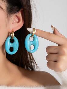 1 Pair Exquisite And Versatile Double Hole Elliptical Earrings With Gold Plated Earrings+Blue Pattern Resin+Fresh Texture Women's Daily Wear Earrings - Gold - View 3