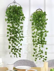 2件装人造藤条编织装饰品，聚酯纤维材质，常春藤、花生叶、绿叶图案，适用于婚礼季、春夏装饰，PE材质，绿色装饰，藤条编织绿色植物吊饰，人造植物，适用于学校宿舍、办公室装饰，户外派对活动、节日和生日派对装饰，家居入口、酒店餐厅、客厅、卧室、婚宴、厨房和花园装饰。 - 綠色 - 查看 4