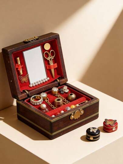 POKOJA LAND 1PC Vintage-Inspired Miniature Dressing Table Jewelry Box, Artificial Wood Brown Figurine Storage With Multiple Compartments, Collectible Figurines, Dollhouse Accessories, Perfect For Rooms Parties Decor And Halloween And Christmas Gifts