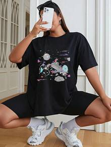 Oversized  Cotton T-Shirt Space Ship And Planets Design  Print Loose Fit Round Neck Short Sleeve Casual Daily Wear - 黑色 - 查看 1