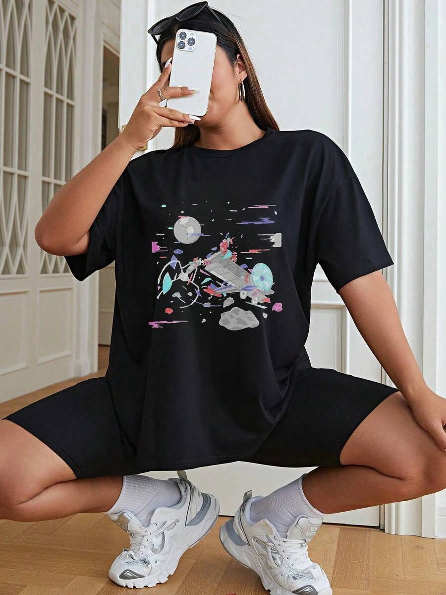 Oversized Cotton T-Shirt Space Ship And Planets Design Print Loose Fit Round Neck Short Sleeve Casual Daily Wear - 黑色 - 查看 1