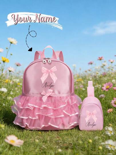 Este conjunto personalizado de bolsa escolar/de baile viene en múltiples tamaños, con un diseño de lazo de encaje rosa, adecuado para la escuela, clases de baile, viajes y uso diario. También es un gran regalo para amigas, cumpleaños de hijas, colecciones o regalos de Navidad.