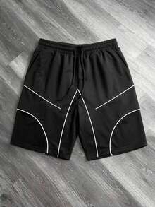 男士黑色短裤，饰有白色弧形缝线细节和弹性腰带，街头风 - 黑色 - 查看 4
