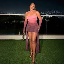 Fashion New Women's Halter Neck Sleeveless Mesh Ribbon Ruched Sexy Short Dress Set - Pink (with Scarf) - View 5