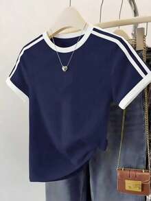Navy Blue Women's Casual Contrast Stripe Collegiate Beach Daily Wear Round Neck Short Sleeve T-Shirt, Everyday Tops Summer - Navy Blue - View 1
