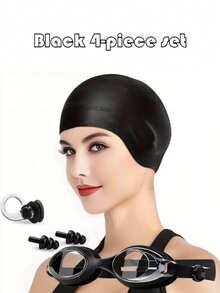 Set de 4 piezas de gafas de natación profesionales unisex. Incluye gafas de natación, gorro de natación de silicona impermeable, pinza nasal de natación y tapones para los oídos. El diseño de gorro de natación extra grande proporciona protección para las orejas. Adecuado para cabello largo y corto. - multicolor - Ver 3