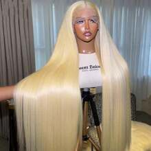 200% 密度高清 13x4 蕾丝前额直发假发，巴西原生发，#613 金色纤维混纺假发，13x4 耳到耳蕾丝前额长发，预先拔毛，自然发际线，8-14 英寸波波头，16-34 英寸长假发，日常佩戴 - S613 - 查看 8