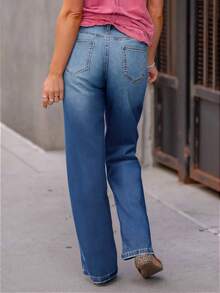 Women's Casual Simple Straight Leg Jeans, Elastic Denim Fabric, 54% Cotton, Suitable For Spring Vacation, Street Fashion, Spring & Summer Outfits, New Year, Valentine's Day Matching - Blue - View 3