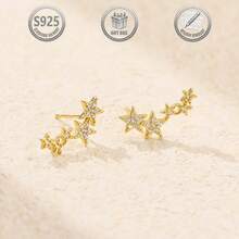 1 Pair Stylish 925 Silver Pentagram Stud Earrings For Women, Suitable For Daily, Party, Holiday, Date, Gift - Gold - View 1
