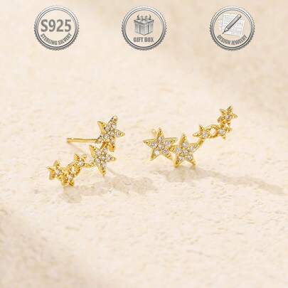一对时尚925银五角星耳钉，适合日常、派对、节日、约会、送礼等场合。