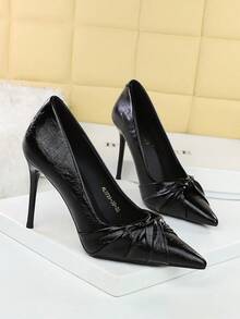 Women's Pointed Toe Ruffle Bow Versatile Low Vamp Stiletto Heels, Elegant Lady's Party Shoes - Black - View 3