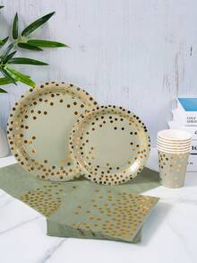 Sage Green & Gold Polka Dot Disposable Plates, Napkins, Cups - 8 Guest Set, Disposable Paper Plates Party Supplies Suitable For Birthday, Wedding, Theme Party, Family Picnic - Multicolor - View 4