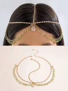 1件波西米亚风水钻水滴星形流苏头链，适合日常休闲、婚礼、派对佩戴，中东女性开斋节礼物，新娘头饰 - 彩色 - 查看 4