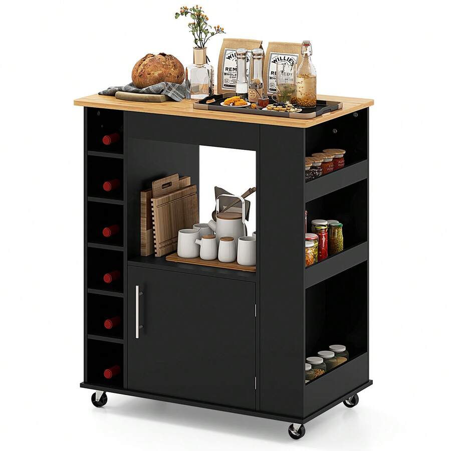 COSTWAY Kitchen Island With Storage, Rolling Kitchen Cart With Towel Rack, Storage Cart On Wheels W/Bamboo Top, 6-Bottle Wine Rack, Spice Rack For Dining Room, Black - Black - View 1