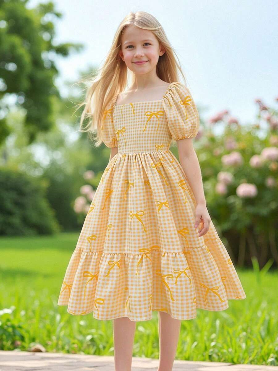 Vihyde 少女格子蝴蝶结印花泡泡袖度假风连衣裙 - 黃色 - 查看 1