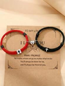 ZIRUISP 2pcs/Set Couple Magnetic Matching Bracelet, Cross & Heart Pendant Adjustable Handmade Woven Bracelet, Long Distance Commitment Fashion Jewelry, Valentine's Day Anniversary Gift For Boyfriend Girlfriend - Heart-shaped Magnetic Cross Bracelet - View 1