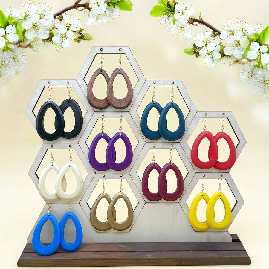 10 Pairs Colorful Wooden Oval Earrings | Bohemian Style Earrings Suitable For Women - Multicolor - 10 Pairs - View 1
