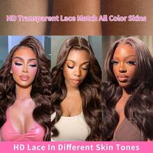 13X4蕾丝前假发，预先拔毛，自然波浪卷，真人前额发丝，透明蕾丝，30英寸，女士高清蕾丝前混合假发，自然棕色漂白发结，适合所有肤色，带婴儿发，自由分缝，200%密度 - 棕色 - 查看 8