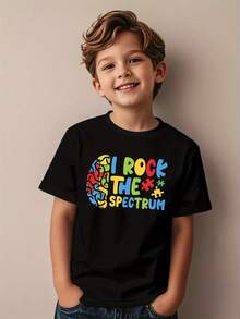Autism Awareness T-Shirt - I Rock Spectrum Puzzle Print, Rainbow Colors, Autism Spectrum Disorder Symbols And Sensory Icons - Comfortable Casual Summer Clothing, Suitable For Autism Spectrum Children And Parents, Most Possible Christmas T-Shirt, Family Matching Outfits - 彩色 - 查看 1