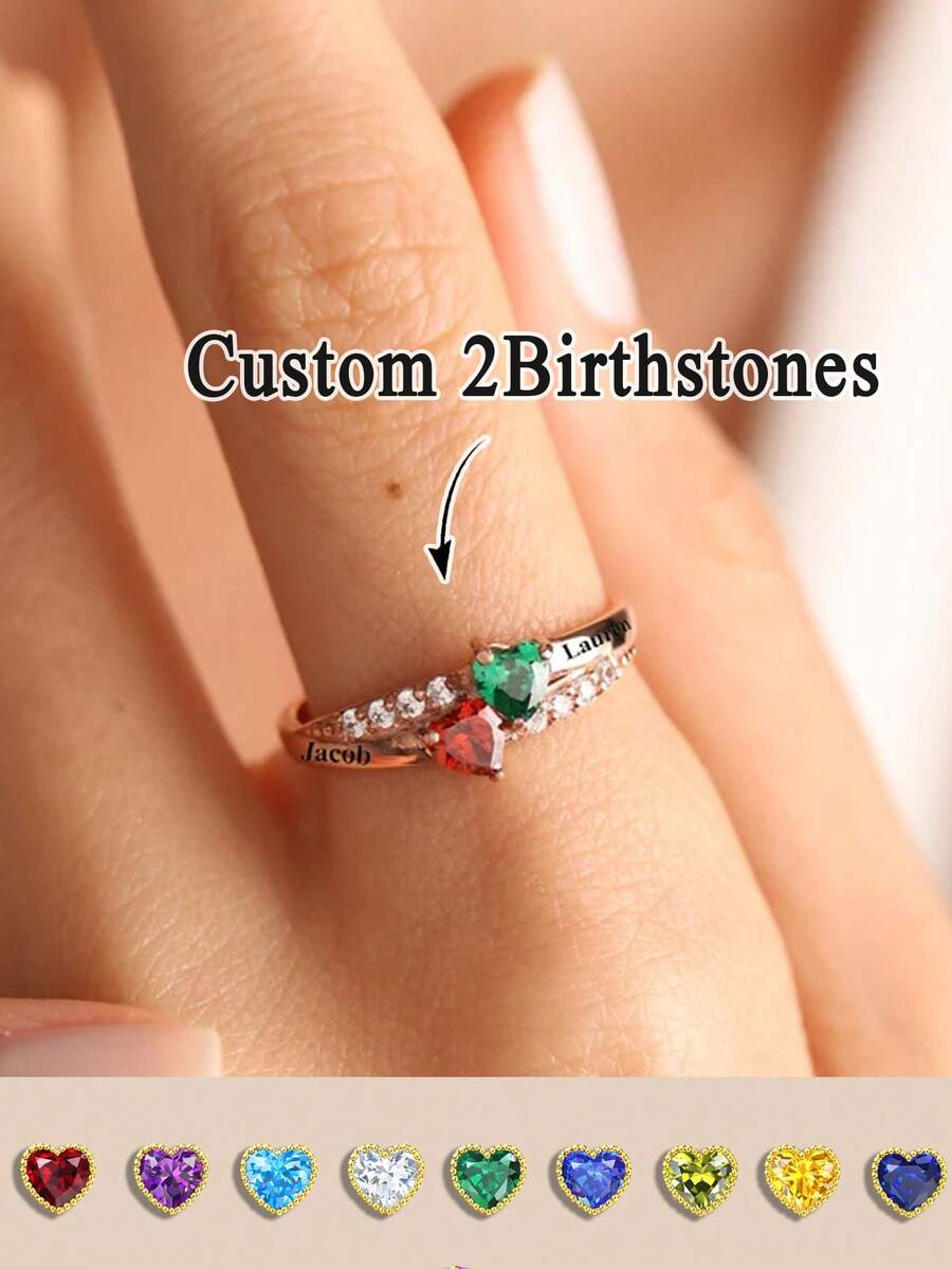 1pc Adjustable Heart-Shaped Birthstone Ring (Women), Women's Ring, Personalized Ring, Mother's Ring, Birthstone Ring, Custom Ring, Name Ring, Family Birthstone, Gift For Her - Multicolor - View 1