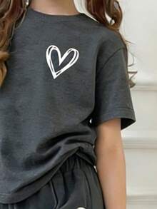 Tween Girls' Heart Print Short Sleeve T-Shirt And Pants Casual Outfit - Dark Grey - View 3