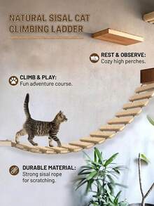 50cm/100cm Hanging Sisal Cat Climbing Ladder, Natural Pine Wood Sturdy Cat Wall Scratching Post For Play, Climb And Scratch, Max Load 12kg (26lb) - Apricot - View 2