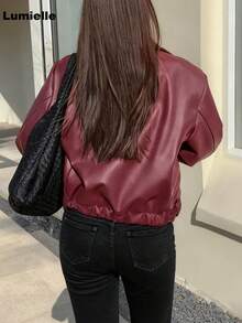 Lumielle Women's Loose Casual Faux Leather Jacket, Regular Fit, Autumn/Winter Viral Oversized Cropped Bomber Jacket | Y2K Streetwear Tredy Black Zip-Up Coat | It-Girl Aesthetic Fall Outerwear Jackets For Women Winter Clothes For Women Valentine Outfits For Women Gym Clothes Women - Red - View 6