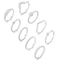 14K Silver Plate StacFKing Rings Set For Women V Opal Flower CZ Rings Simple Thumb Thin Stackable Rings Silver Statement Rings Plain Band Size 4-11 - SilverTone - View 2