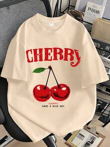 2pcs/Set Cherry Print Casual Fashion Creative T-Shirt + Shorts Set, Summer Vacation For Teenage Girls - Apricot - View 3