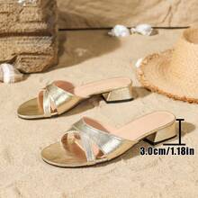 Women's Fashion Simple Comfortable Metal Gold Mule Low Heel Round Toe Open Toe Sandals - Gold - View 9