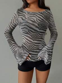 女士褶皱网纱豹纹上衣，长袖斑马纹衬衫，浅灰色斑马纹衬衫，斑马纹服装，动物纹衬衫，舒适女士上衣，春季女装，夏季上衣，适合海滩、派对、外出、夜店、母亲节等场合 - 淺灰色 - 查看 3